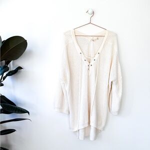 Cream Knit Sweater with Lace-Up Detail